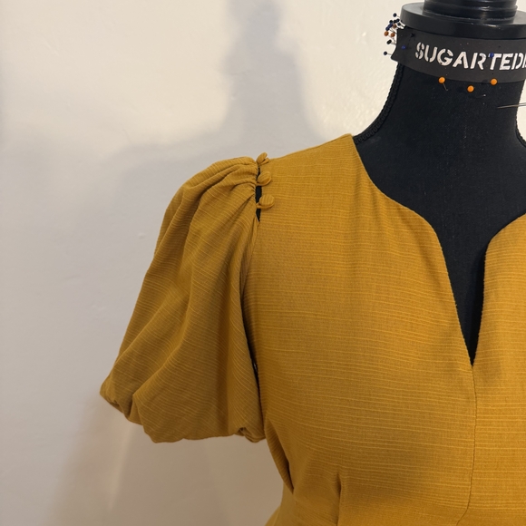 Elegant Mustard Puff Sleeve Dress - Picture 6 of 10